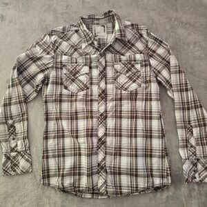 Mens‎ BKE Brown Plaid Long Sleeve Western Shirt with Snap Buttons Medium